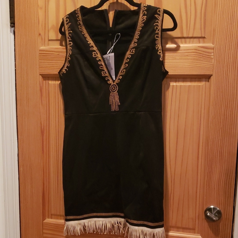 Oyrosy Chic Black and Gold Embellished Mini Dress Acetate/Suede